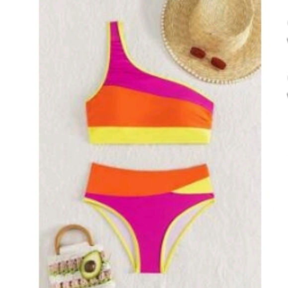 Other - NWOT SPRTY Colorblock One Shoulder 2 Piece Bikini, L (8-10), Pink/Orange/Yellow